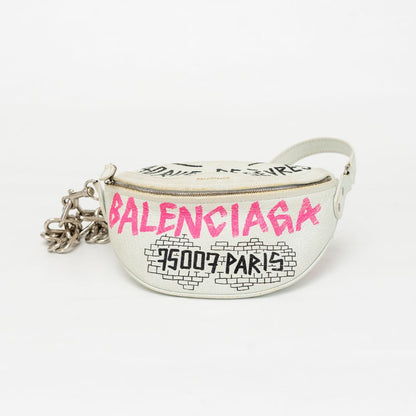 Balenciaga Agneau Graffiti All Over Souveniers Belt Bag White Multicolor