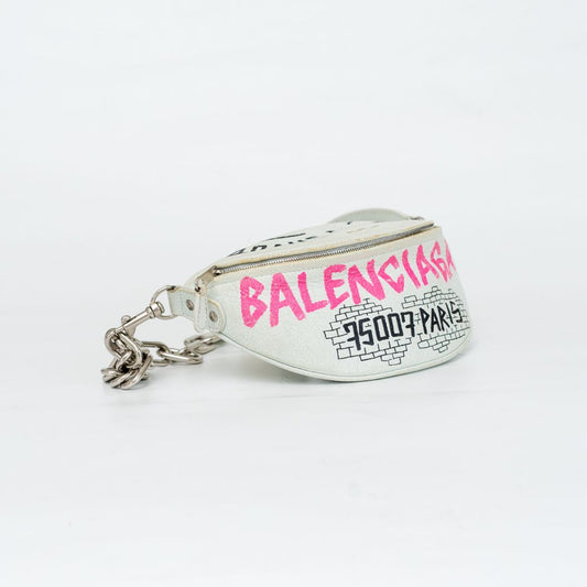 Balenciaga Agneau Graffiti All Over Souveniers Belt Bag White Multicolor