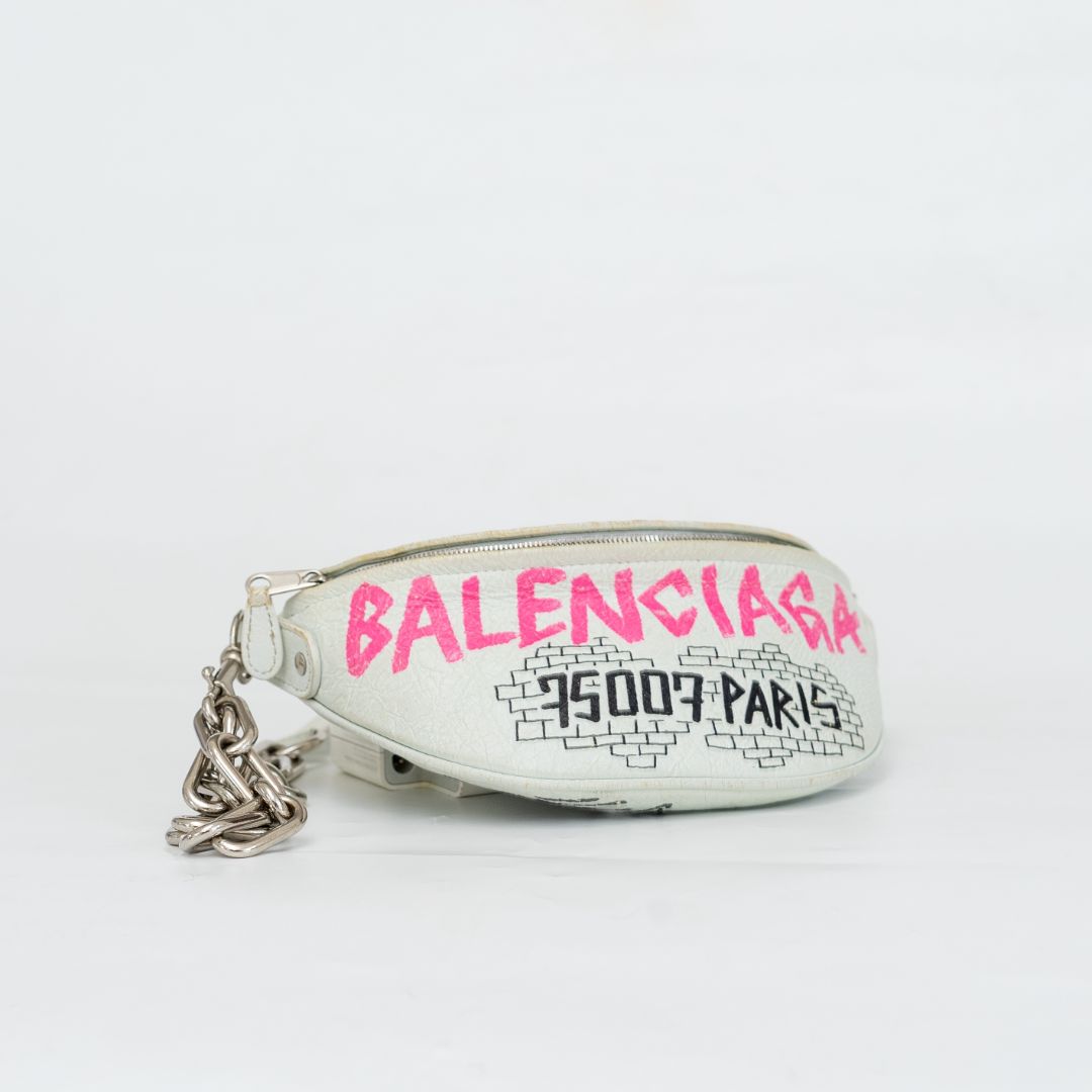 Balenciaga Agneau Graffiti All Over Souveniers Belt Bag White Multicolor