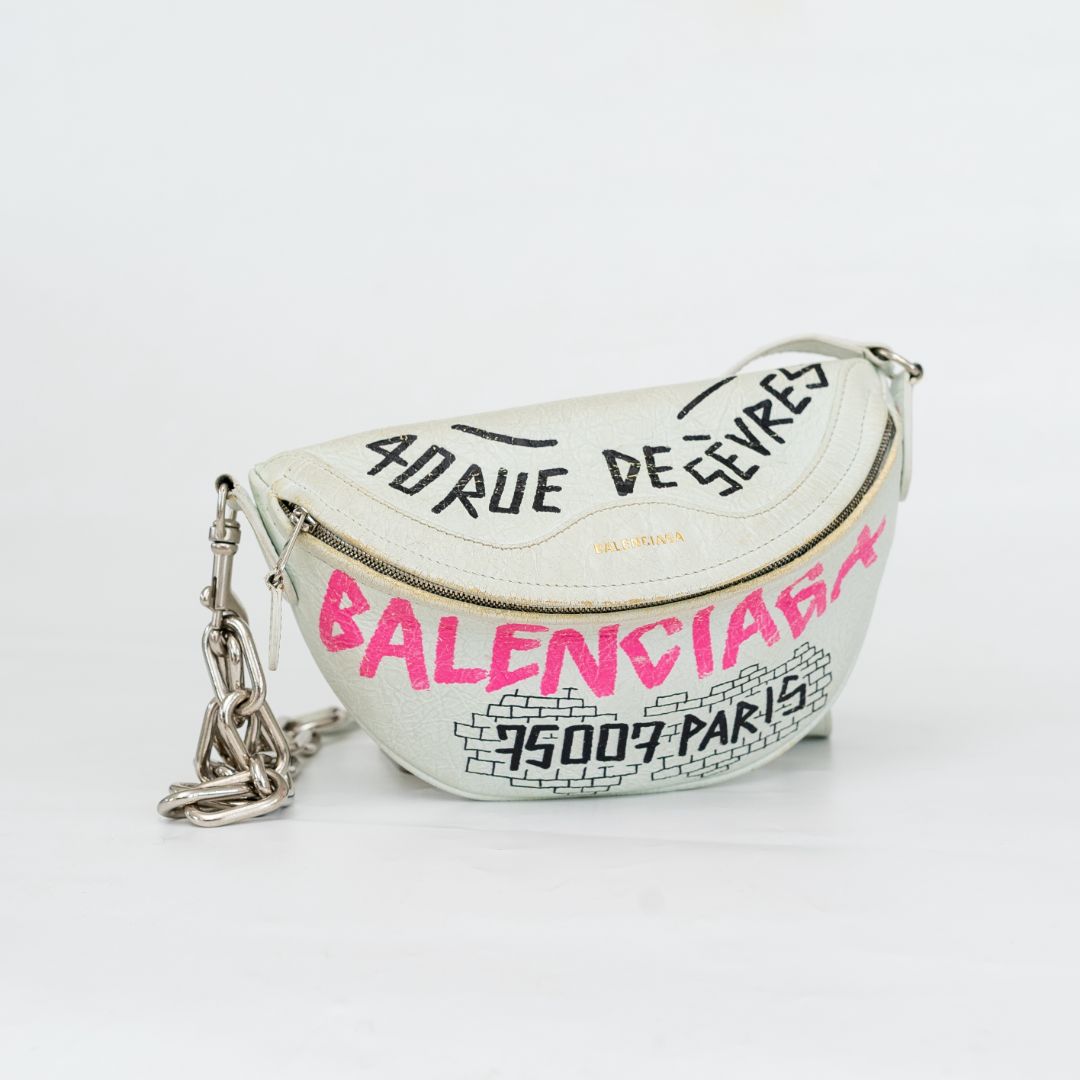 Balenciaga Agneau Graffiti All Over Souveniers Belt Bag White Multicolor