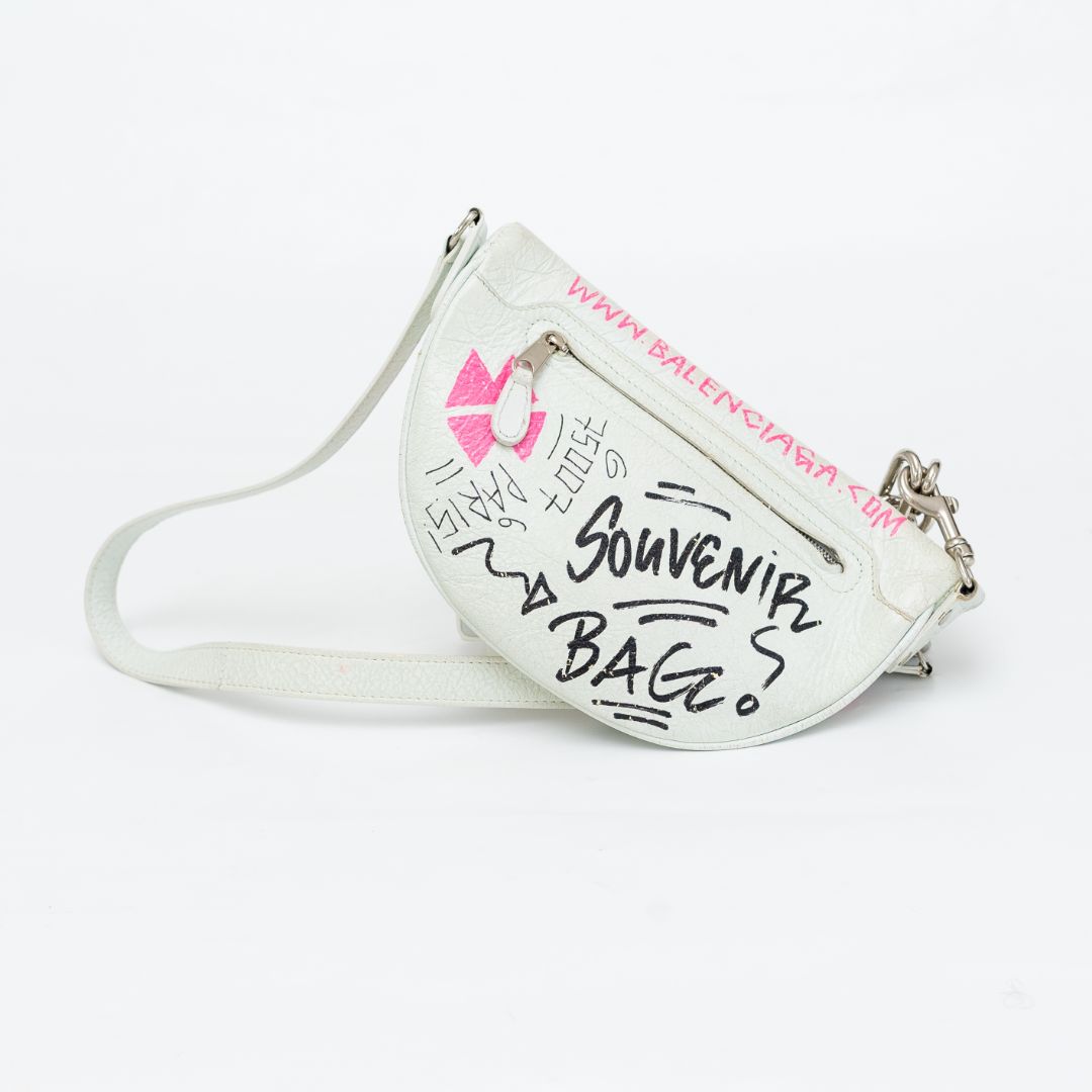 Balenciaga Agneau Graffiti All Over Souveniers Belt Bag White Multicolor