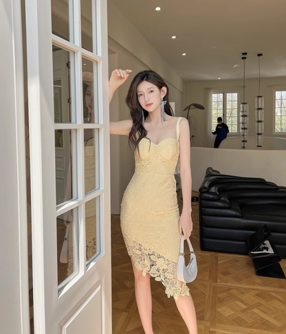 Gentle Yellow Sheath Spaghetti Strap Lace Short Homecoming Dress Cocktail Dress SH3578