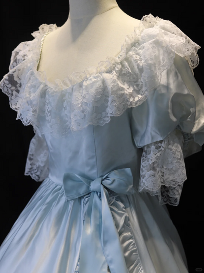 Vintage Bow Ball Gown Puff Layered Lace Satin Prom Dress 16th Birthday Dress SH3863