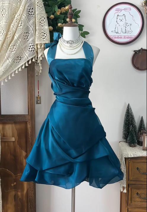 Unique Peacock Blue Halter A Line Homecoming Dress Cocktail Dress S334