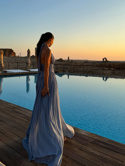 Blue A Line Halter Chiffon Open Back Prom Dress Evening Dress with Slit SH2030