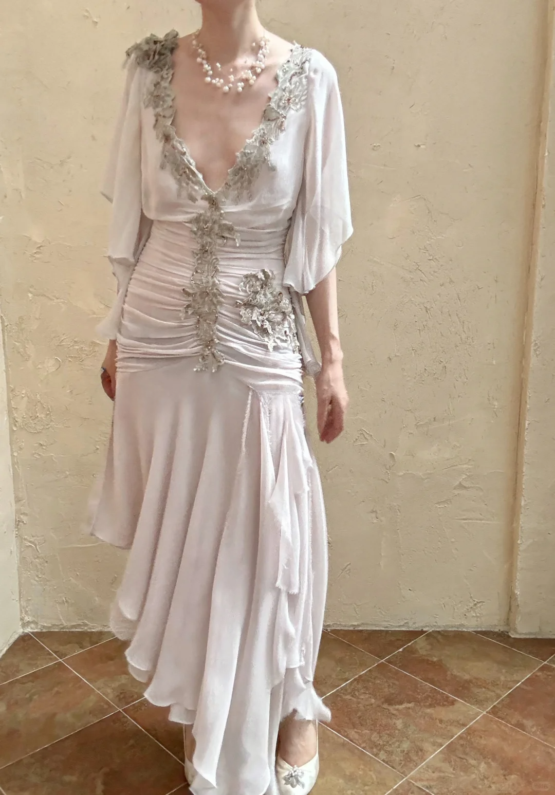 Vintage Mermaid V Neck Lace Pleated Chiffon Prom Dress Formal Dress SH3864