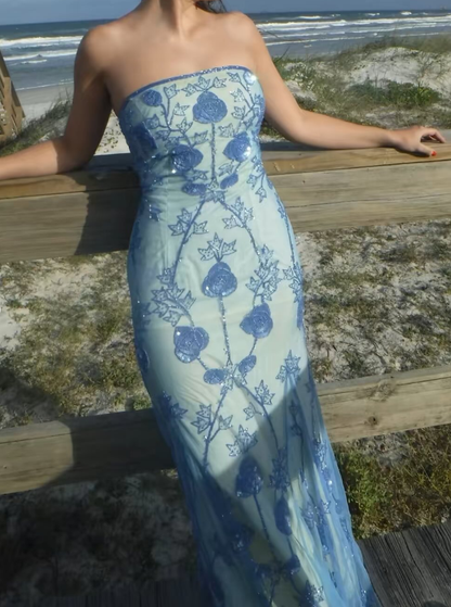 Vintage Sheath Strapless Beaded Appliques Blue Chiffon Satin Prom Dress Evening Dress SH2626