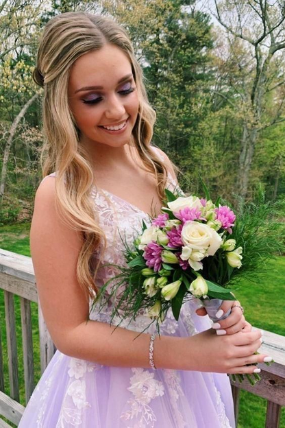 V Neck Open Back Tulle Applique Long Prom Dress SH568