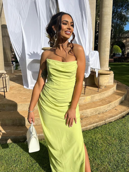 Simple Sheath Strapless Corset Green Chiffon Prom Dress Evening Dress with Slit SH2031