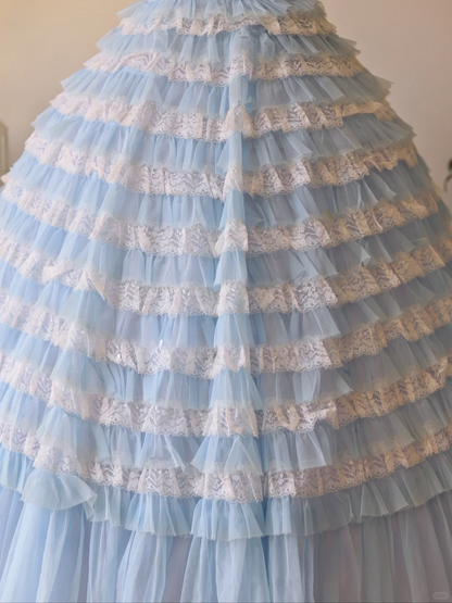 Vintage Blue Ball Gown Sweetheart Neck Layered Lace Tulle Prom Dress 16th Birthday Dress SH3862