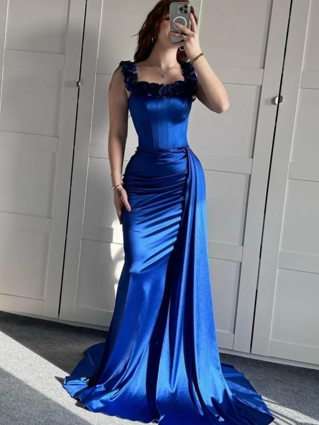 Royal Blue Mermaid Straps Corset Pleated Satin Long Prom Dress Evening Dress SH3544