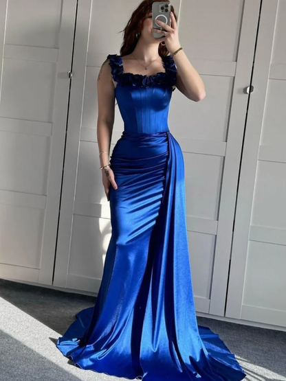 Royal Blue Mermaid Straps Corset Pleated Satin Long Prom Dress Evening Dress SH3544