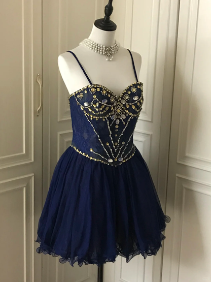 Vintage Navy Blue Lace Beaded A Line Homecoming Dress Birthday Dress  S545