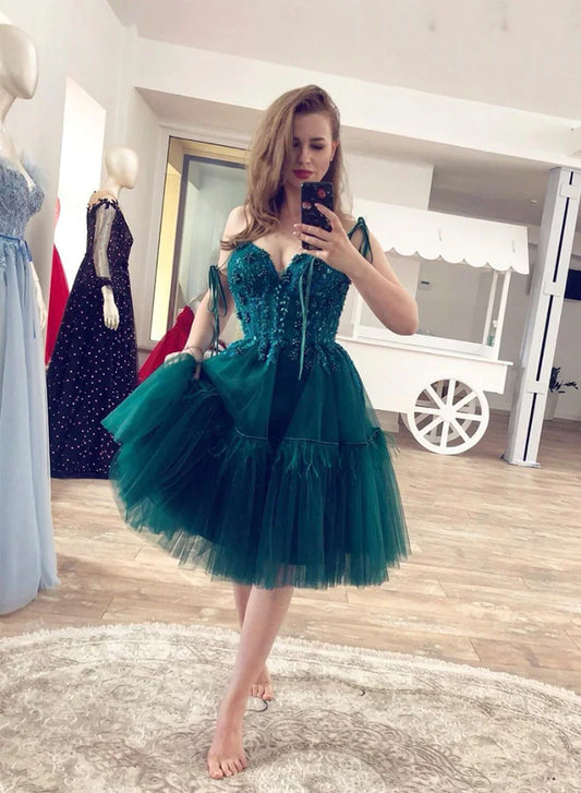 PM216,Dark Green Beaded Tulle Homecoming Dresses Mini Prom Dress