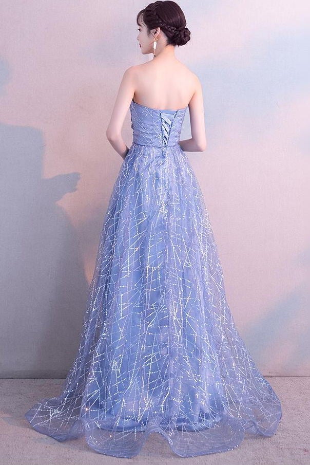 Dusty Blue Tulle A-Line Long Prom Dress With Beading, Strapless Evening Gown