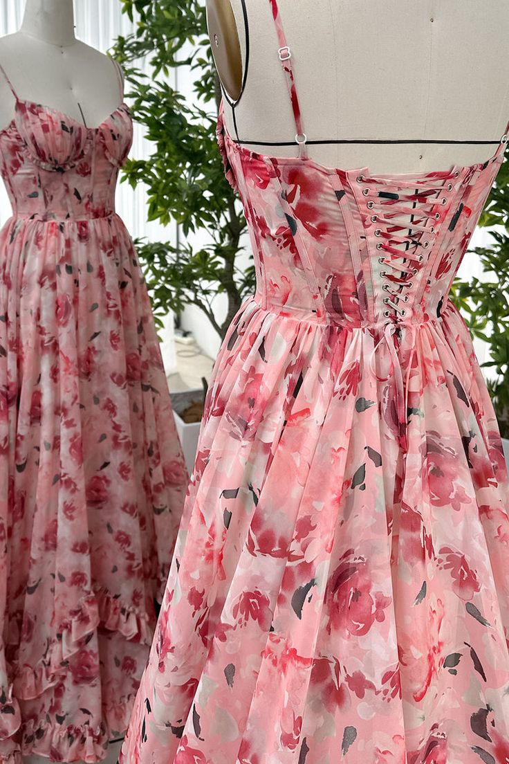 Spaghetti Straps Corset Floral Chiffon Prom Dress Slit Ruffles Party Dress  SH1372