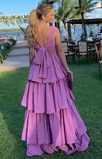 Elegant Purple Square Neck Layered Ruffles Long Prom Dress SH621