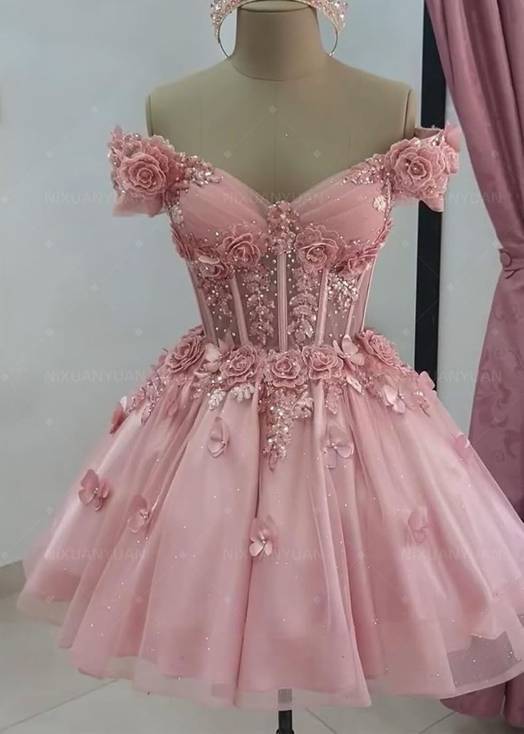 Pretty Off The Shoulder Tulle Appliques Homecoming Dress Pink Short Birthday Dress S681