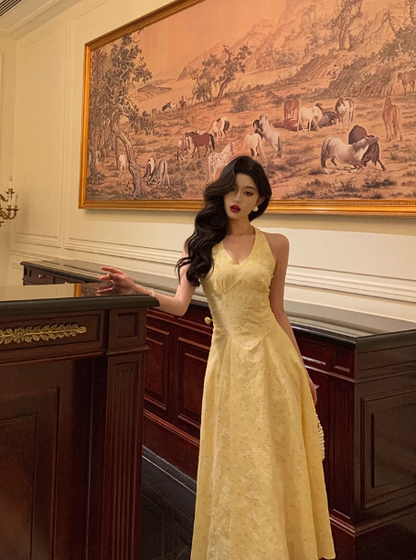 Sexy A line Halter Yellow 18th Birthday Dress Long Party Birthday Outfits For Women DP0184