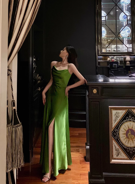 Sexy A line Spaghetti Straps Green Slit 21st Birthday Dress Holiday Party Birthday Outfits For Women DP0179