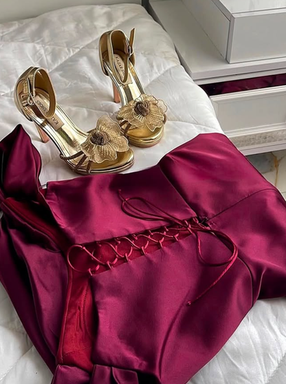 Elegant Mermaid Off the Shoulder Corset Burgundy Satin Prom Dress Evening Dress SH2141