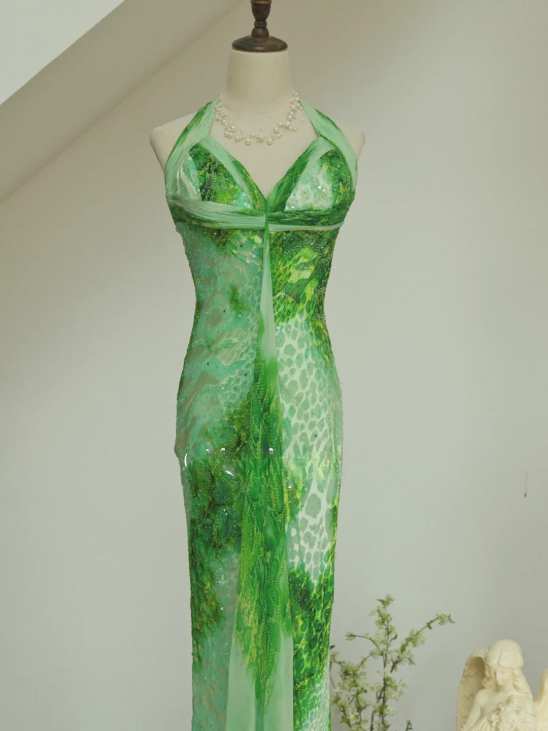 Unique Sheath Halter Green Print Floral Chiffon Open Back Long Prom Dress Formal Dress SH3866