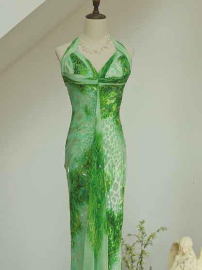 Unique Sheath Halter Green Print Floral Chiffon Open Back Long Prom Dress Formal Dress SH3866