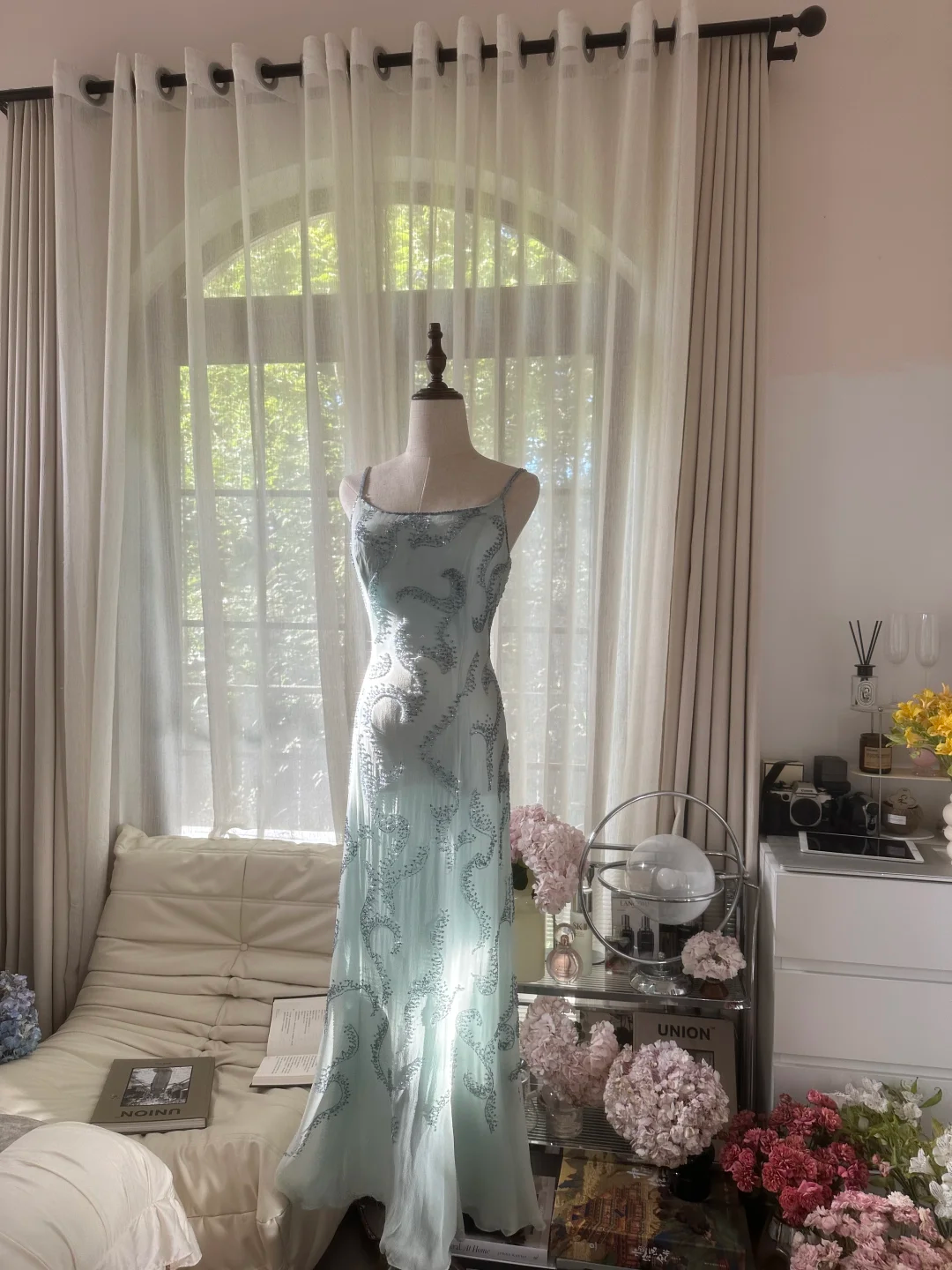 Light Blue Gorgeous Sparkling Fashion Elegant Exquisite Beaded Long Chiffon Fairy Ball Gown Evening Dress Birthday/Wedding Guest/Vacation Party Dress Prom Dress Valentine's Day Date Dress gh4036