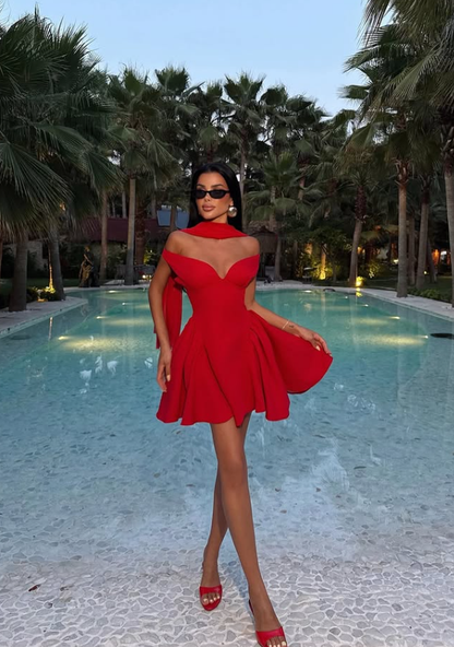Stunning Red A Line Off the Shoulder Satin Short Homecoming Dress Cocktail Birthday Dress SH3736