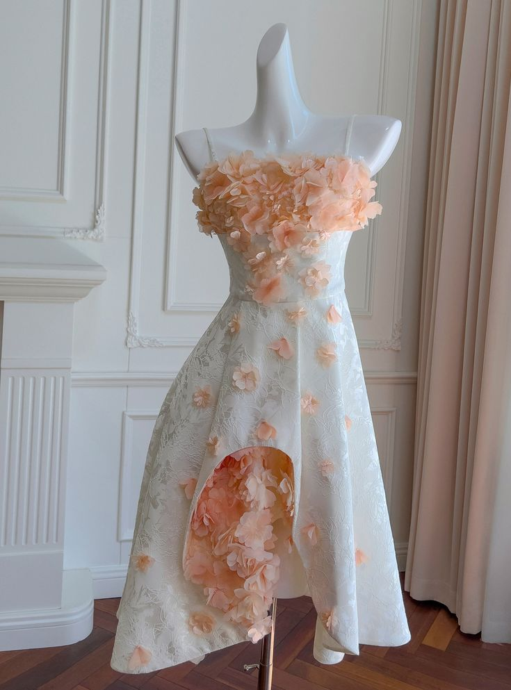 Beautiful White Satin Print Floral 3D Flower Homecoming Dress Birthday Dress S438