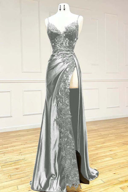 Elegant Black Spaghetti Straps Evening Dresses Satin Sheath Long Prom Dresses with Slits ED001