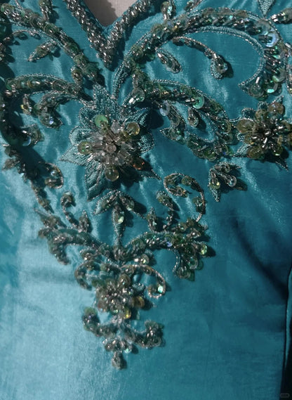 Blue A-Line Spaghetti Straps Satin Beaded Long Prom Dress Sweetheart Neck Applique Graduation Prom Dress ED01627