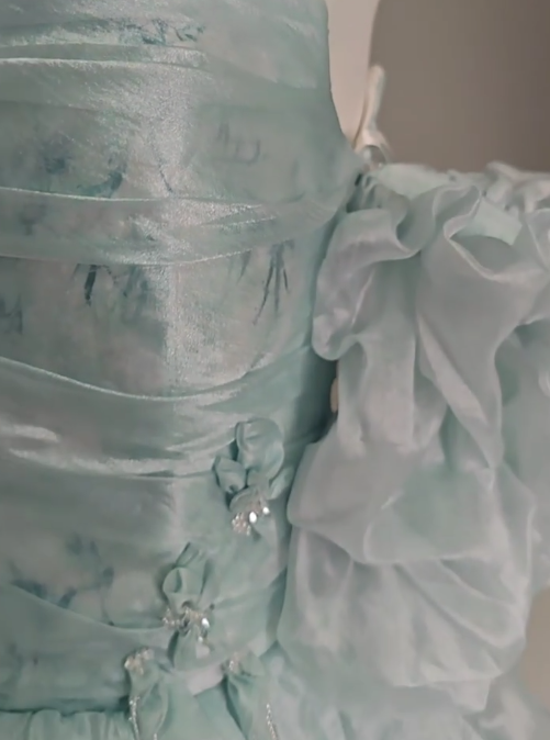 Blue Floral A-Line Strapless Organza Long Prom Dress Graduation Prom Dress ED01628