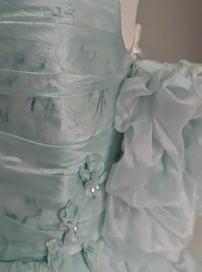 Blue Floral A-Line Strapless Organza Long Prom Dress Graduation Prom Dress ED01628