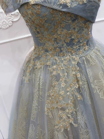 A-Line Tulle Lace Off Shoulder Gray Long Prom Dress ED002