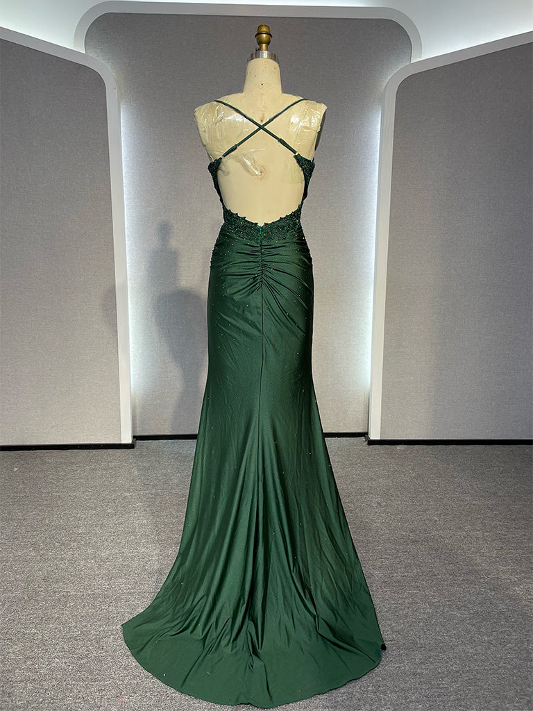 Simple Backless Mermaid Lace Green Long Prom Dress, Green Formal Elegant Evening Dress Wedding Dress ED003