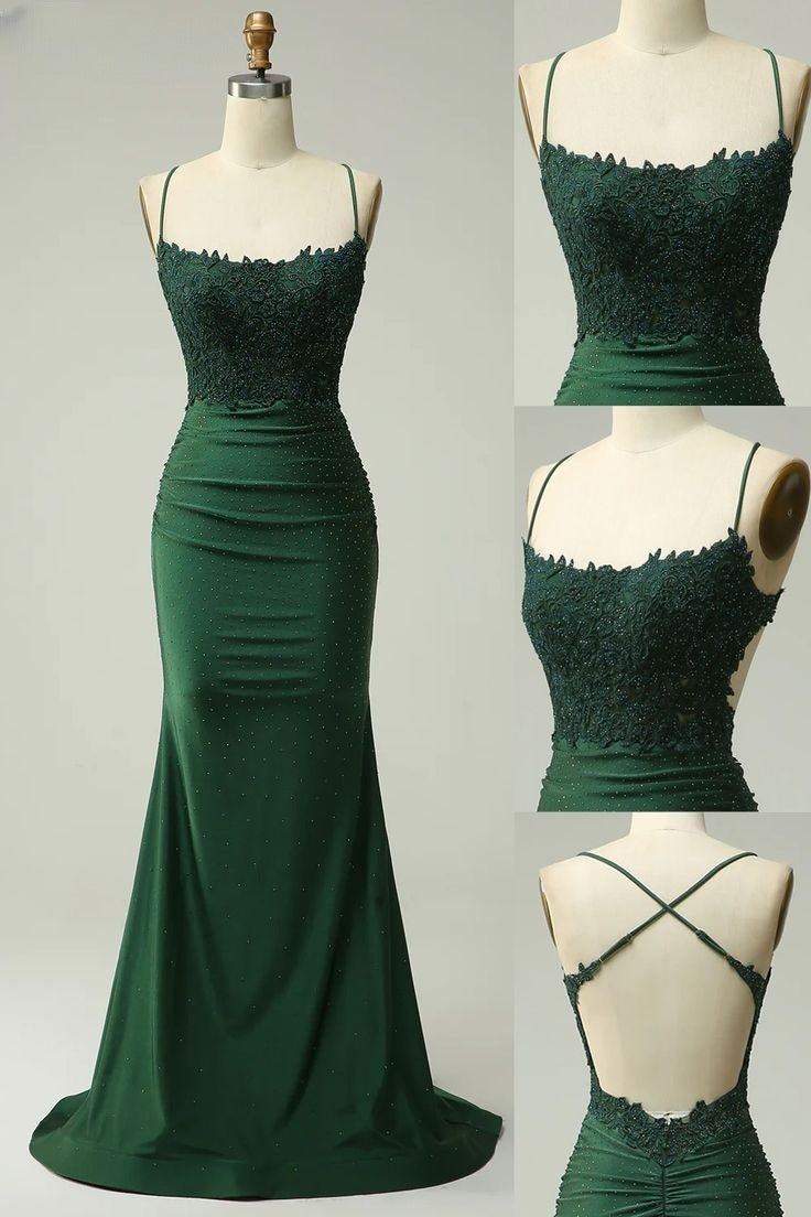 Simple Backless Mermaid Lace Green Long Prom Dress, Green Formal Elegant Evening Dress Wedding Dress ED003