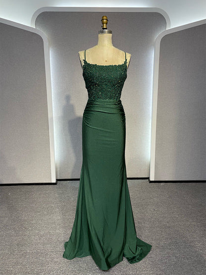 Simple Backless Mermaid Lace Green Long Prom Dress, Green Formal Elegant Evening Dress Wedding Dress ED003