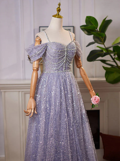 A-Line Sweetheart Neck Off Shoulder Tulle Sequin Gray Blue Long Prom Dress ED004