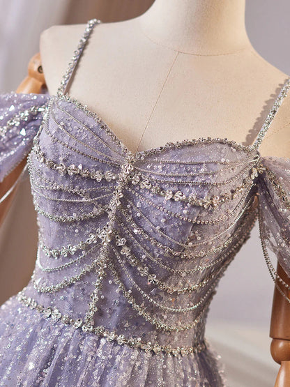 A-Line Sweetheart Neck Off Shoulder Tulle Sequin Gray Blue Long Prom Dress ED004