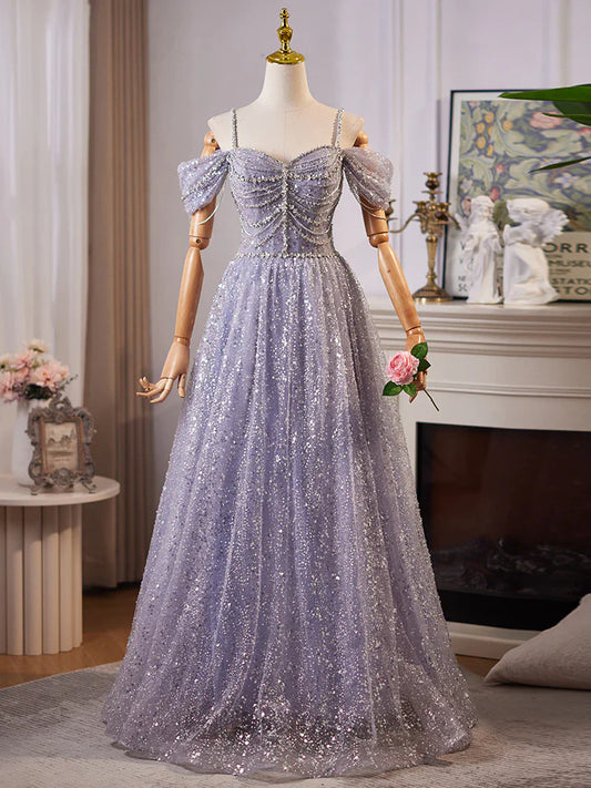 A-Line Sweetheart Neck Off Shoulder Tulle Sequin Gray Blue Long Prom Dress ED004