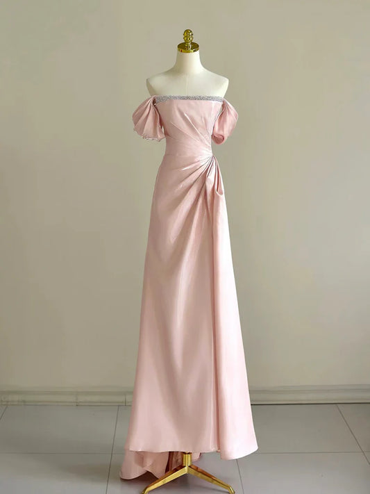 Pink A-Line Satin Long Prom Dress, Off Shoulder Pink Long Evening Dress ED005