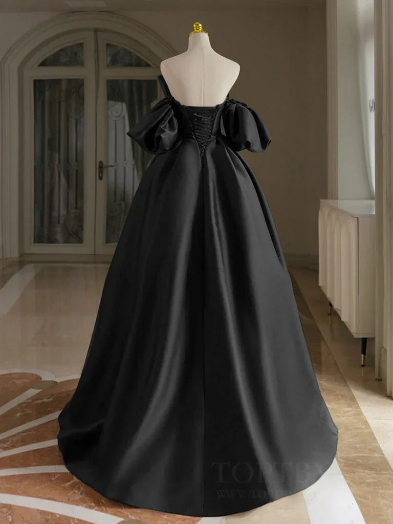 A-Line V Neck Puff Sleeves Satin Black Long Prom Dress, Black Long Formal Dress ED006