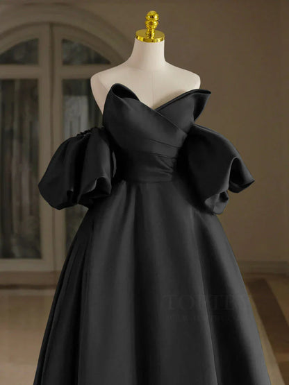 A-Line V Neck Puff Sleeves Satin Black Long Prom Dress, Black Long Formal Dress ED006