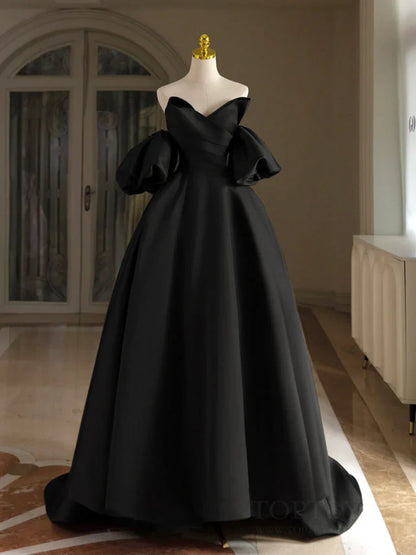 A-Line V Neck Puff Sleeves Satin Black Long Prom Dress, Black Long Formal Dress ED006