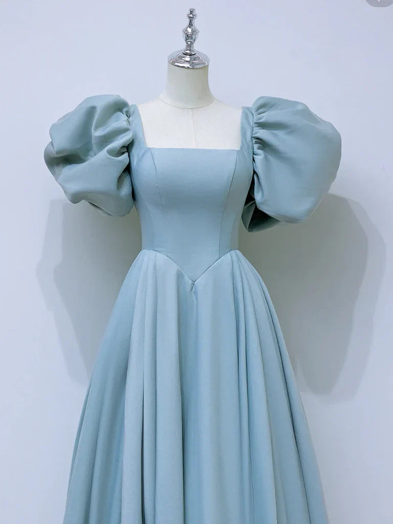 A-Line Square Neckline Satin Blue Long Prom Dress，Blue Formal Dress ED007