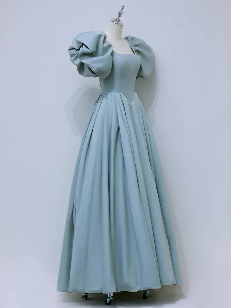 A-Line Square Neckline Satin Blue Long Prom Dress，Blue Formal Dress ED007