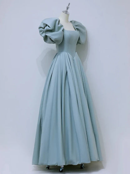 A-Line Square Neckline Satin Blue Long Prom Dress，Blue Formal Dress ED007