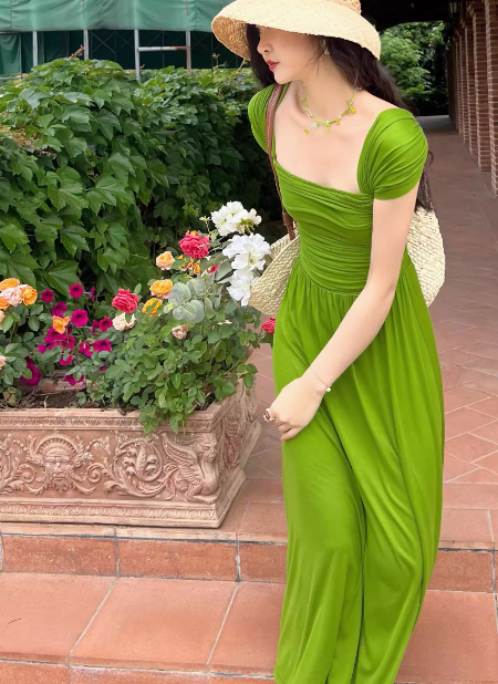French long skirt beautiful green square collar  fashion dress summer ED0091