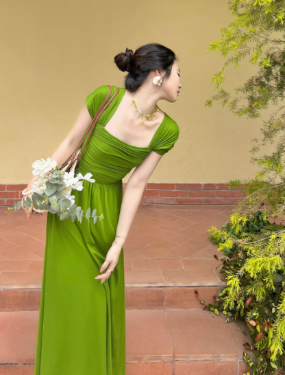 French long skirt beautiful green square collar  fashion dress summer ED0091